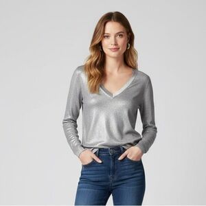 Majestic Filatures Sz XS Silver Coated Silk V Neck Light Sweater